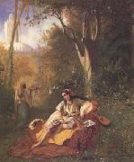 Algerienne et sa servante dans un jardin huile sur toile (mk32)